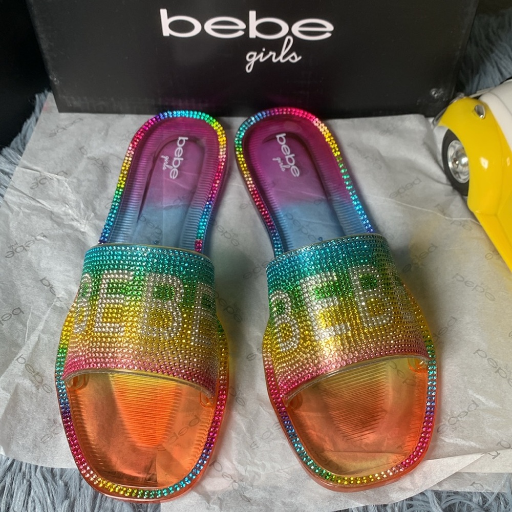 Bebe Girls’ Sandals, Rainbow Multicolor with Rhinestone Logo Strap